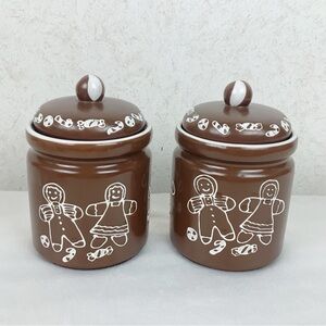 Gingerbread Couple Stoneware Cookie Jar Canister Set Christmas Candy Cane Trim
